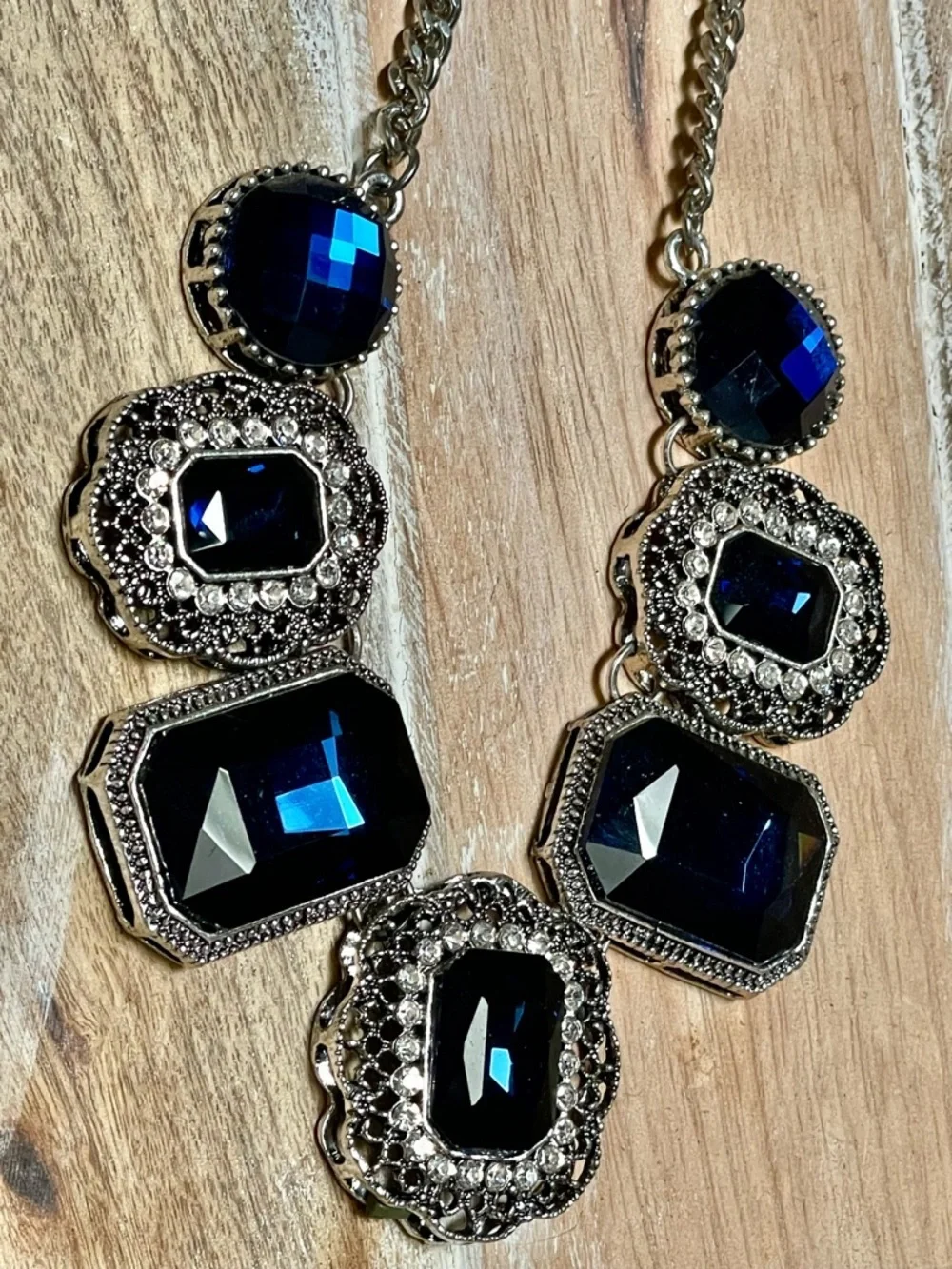 Deep Blue Crystal Statement Necklace in Silvertone Setting